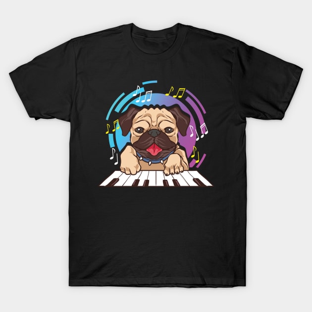 Cute Pug Dogs Pug Playing Piano Music Cute Pug T-Shirt by Beautiful Butterflies by Anastasia